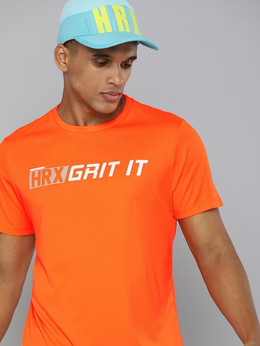 hrx by hrithik roshan men orange rapid-dry typography printed training t-shirt