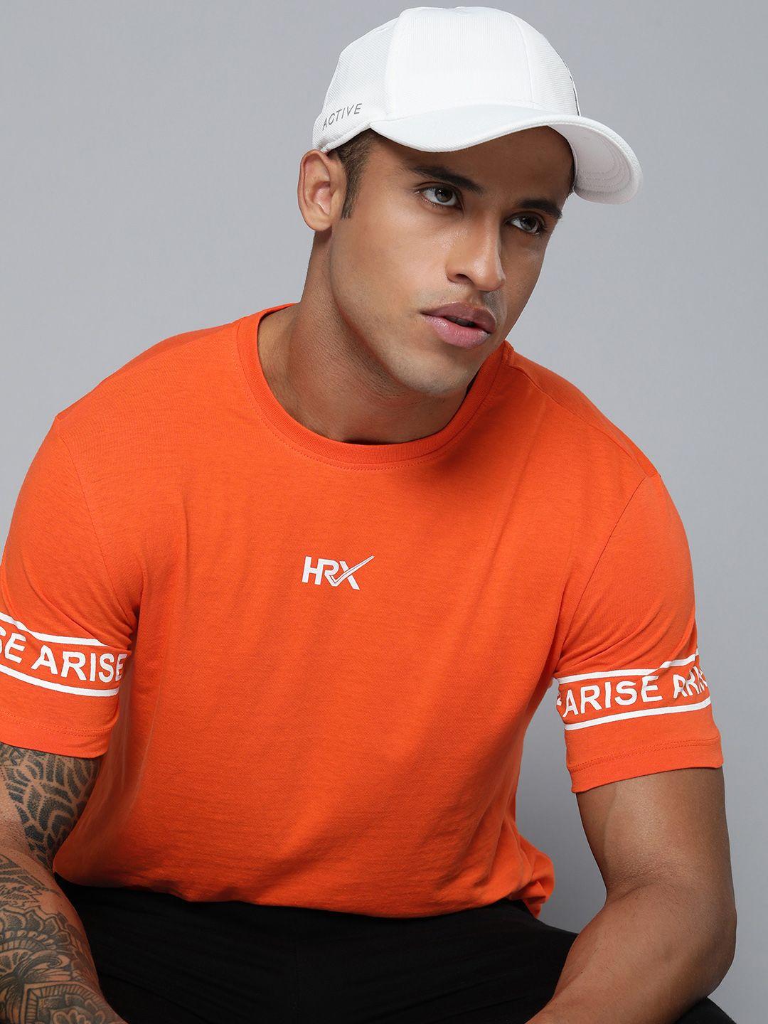 hrx by hrithik roshan men orange typography printed pure cotton t-shirt