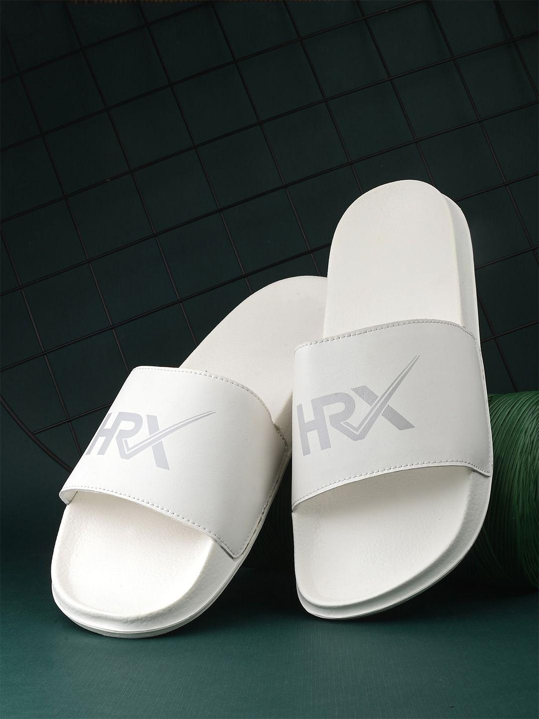 hrx by hrithik roshan men white & grey brand logo printed sliders