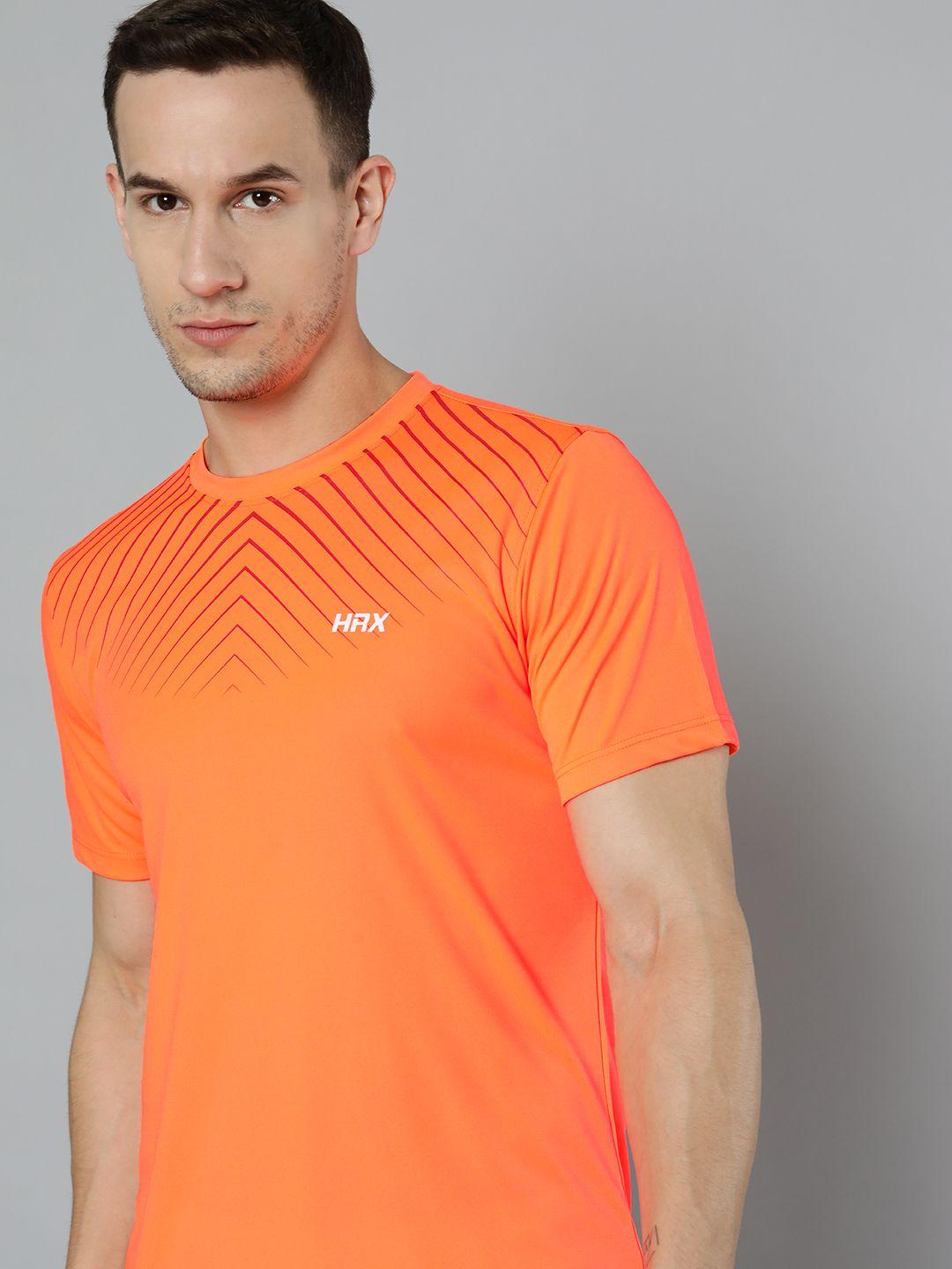 hrx by hrithik roshan training men neon orange rapid-dry geometric tshirts