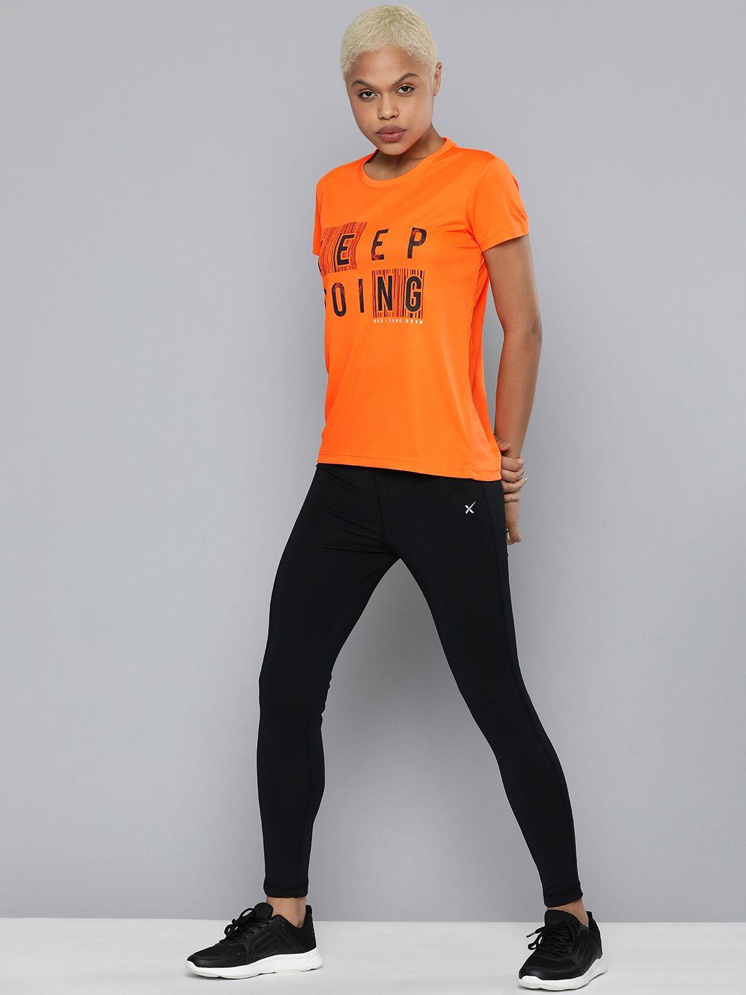 hrx by hrithik roshan training women neon orange rapid-dry typography tshirt