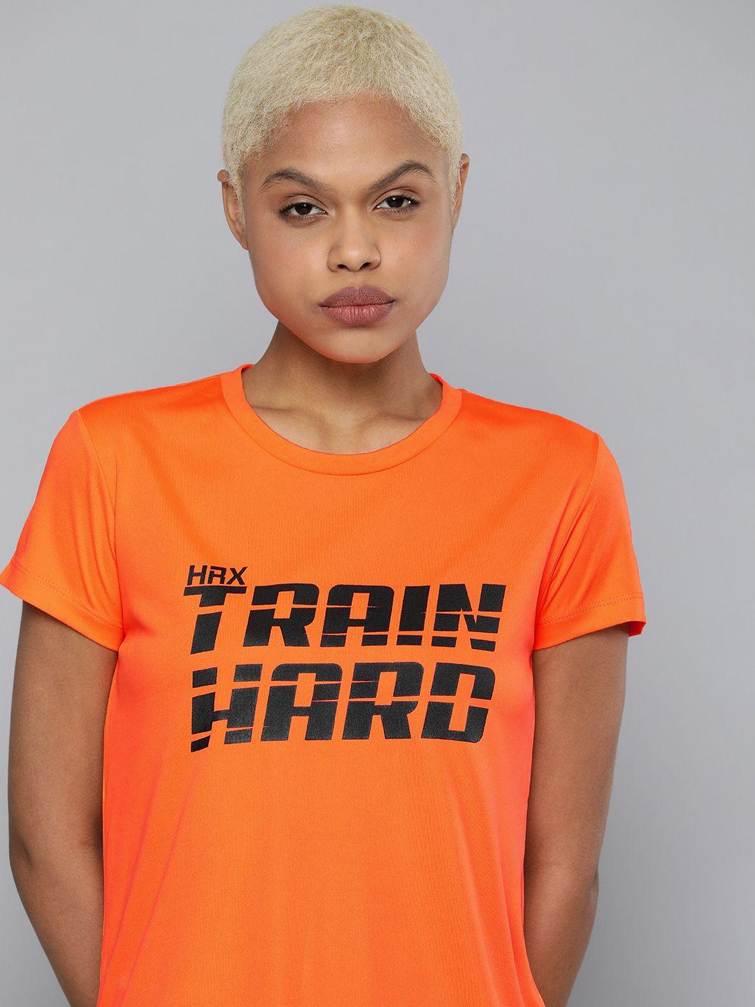 hrx by hrithik roshan training women neon orange rapid-dry typography tshirts