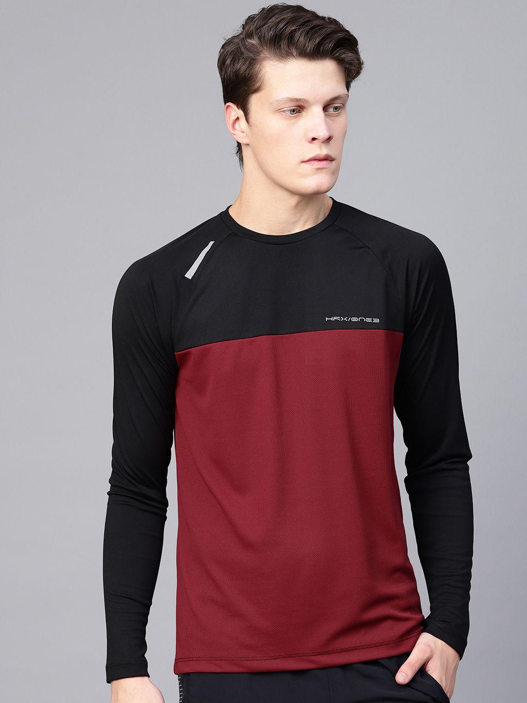 hrx by hrithik roshan ultralyte men maroon & black colourblocked running t-shirt