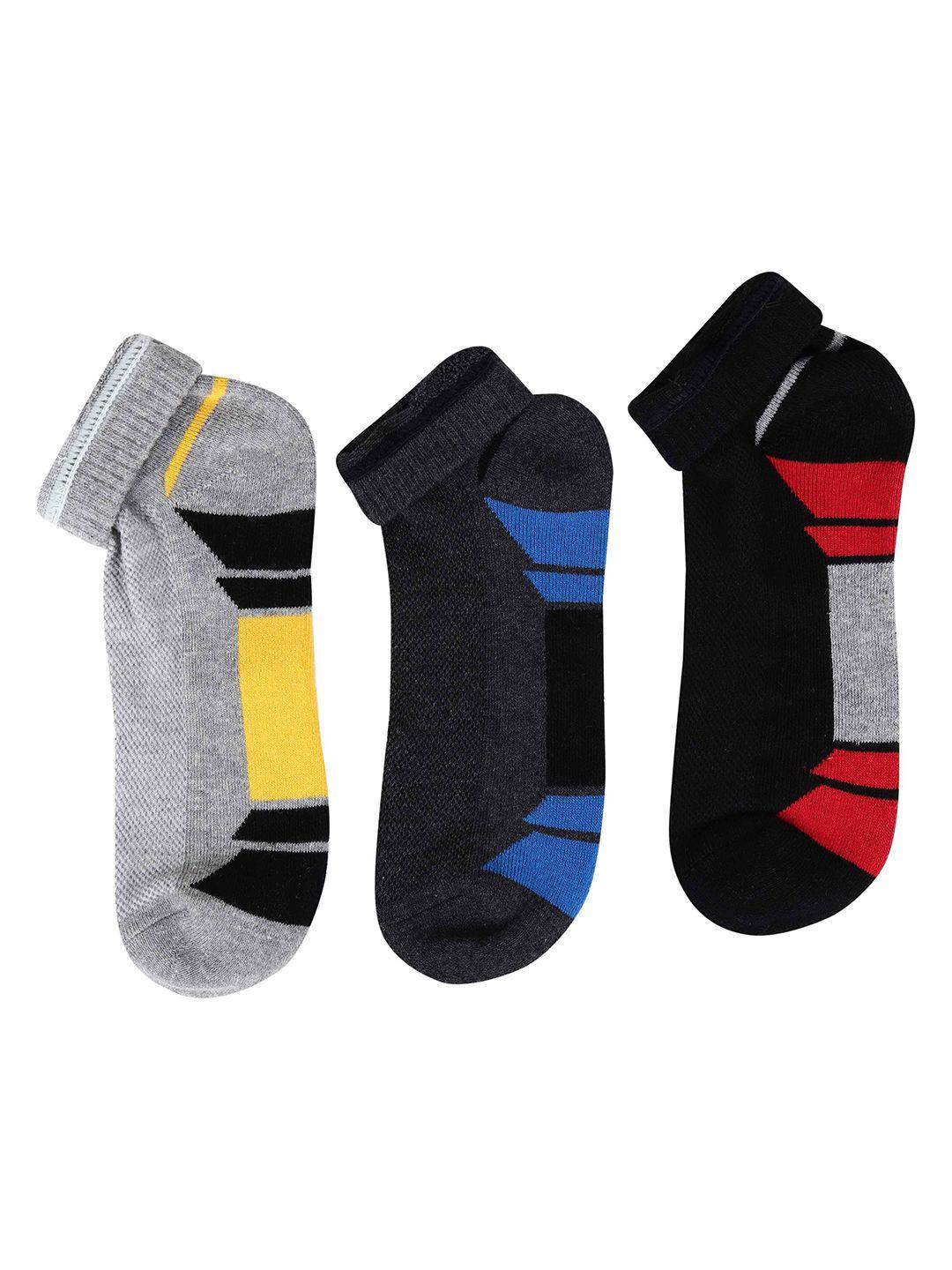 hrx by hrithik roshan unisex black & grey pack of 3 patterned ankle length socks