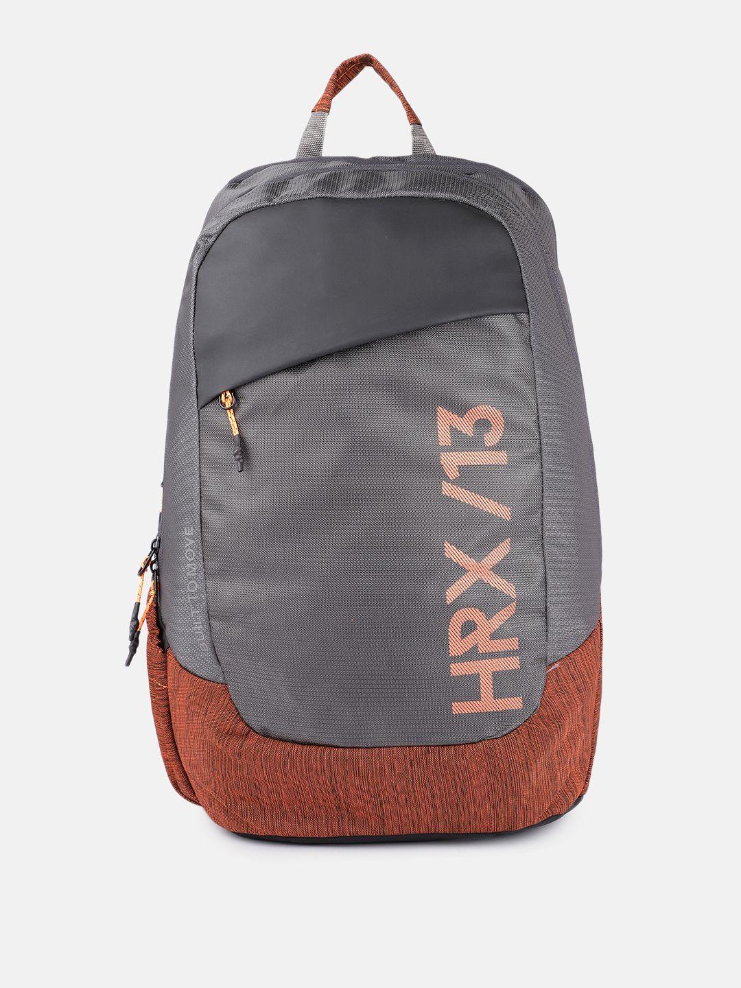 hrx by hrithik roshan unisex grey & orange brand logo printed colour blocked backpack