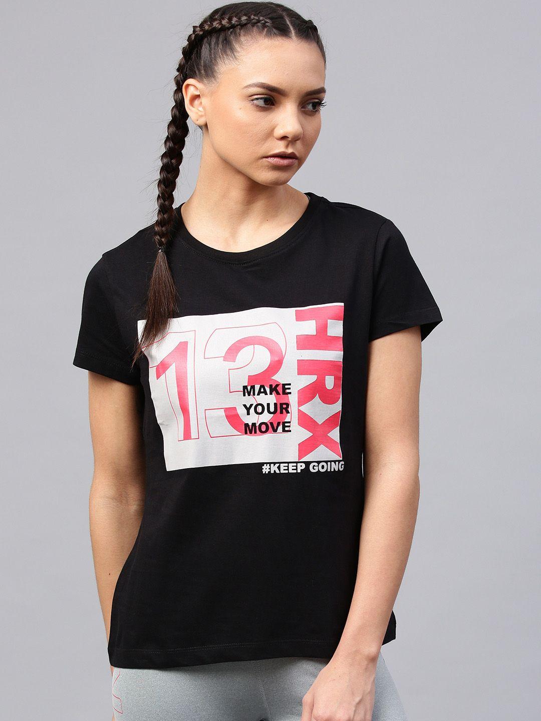hrx by hrithik roshan women black printed round neck t-shirt