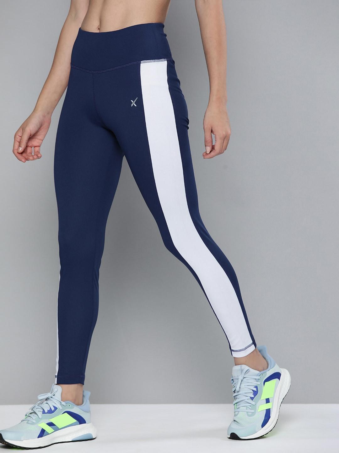 hrx by hrithik roshan women navy blue & white solid running tights