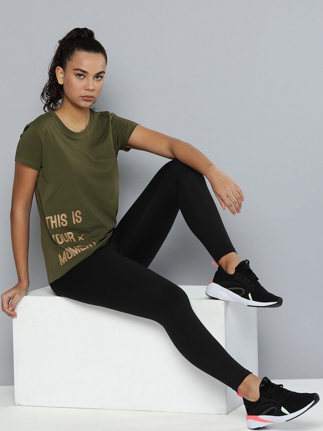 hrx by hrithik roshan women olive green & gold brand logo printed cotton t-shirt