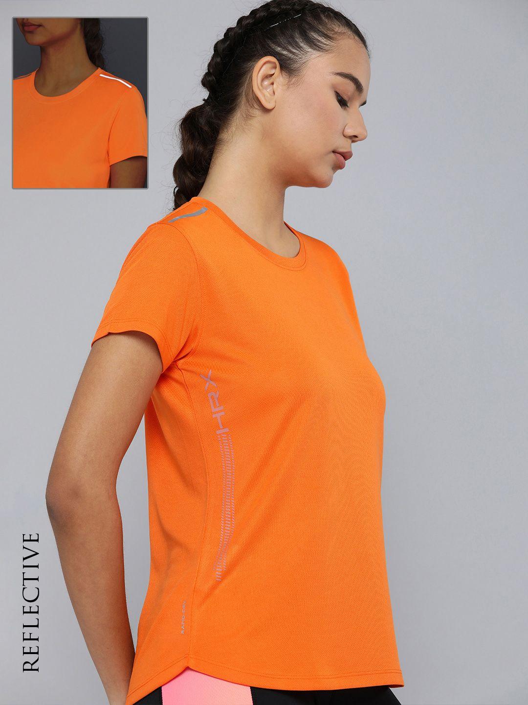 hrx by hrithik roshan women orange printed rapid-dry t-shirt with reflective strips