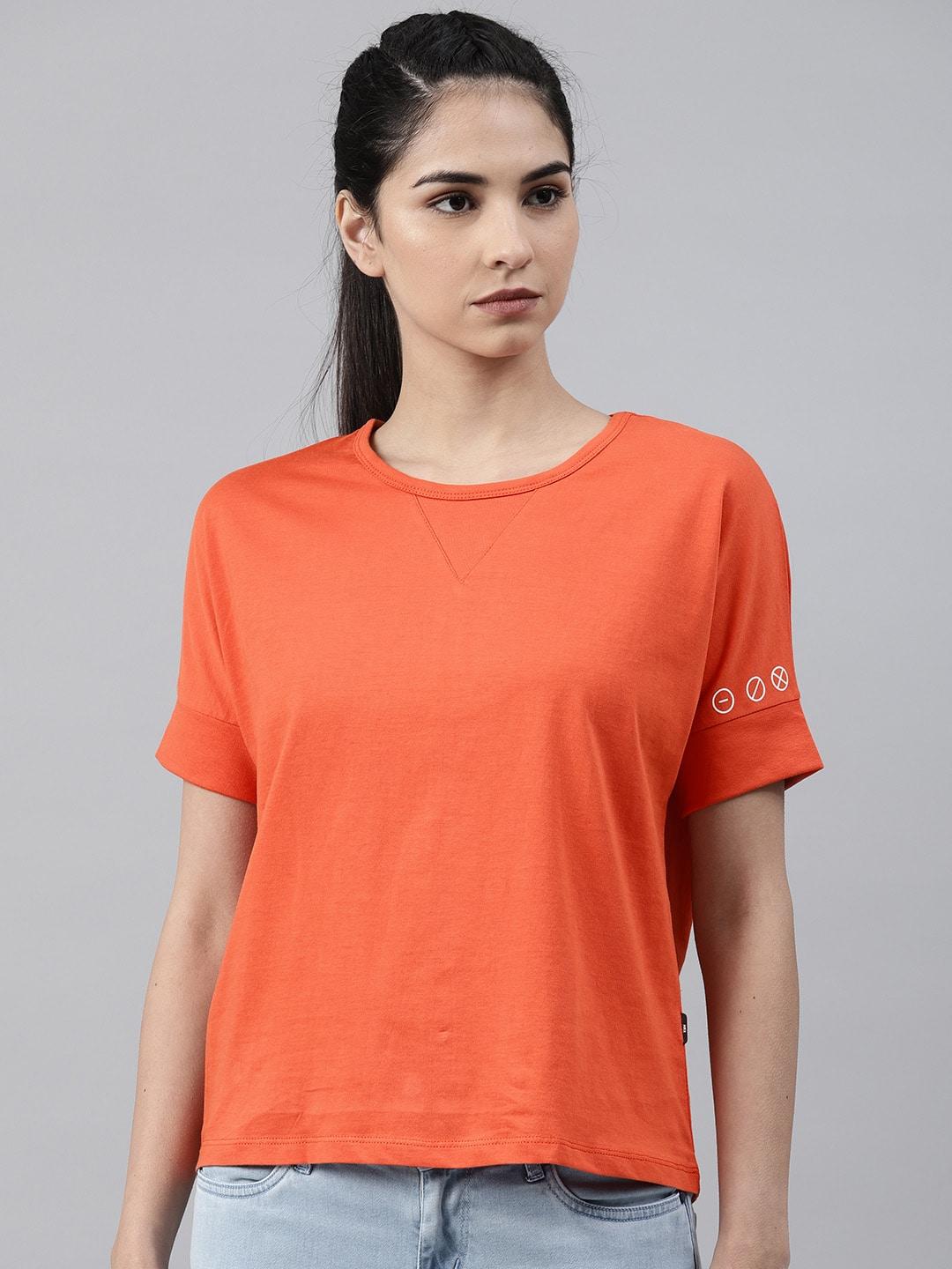 hrx by hrithik roshan women orange solid round neck t-shirt