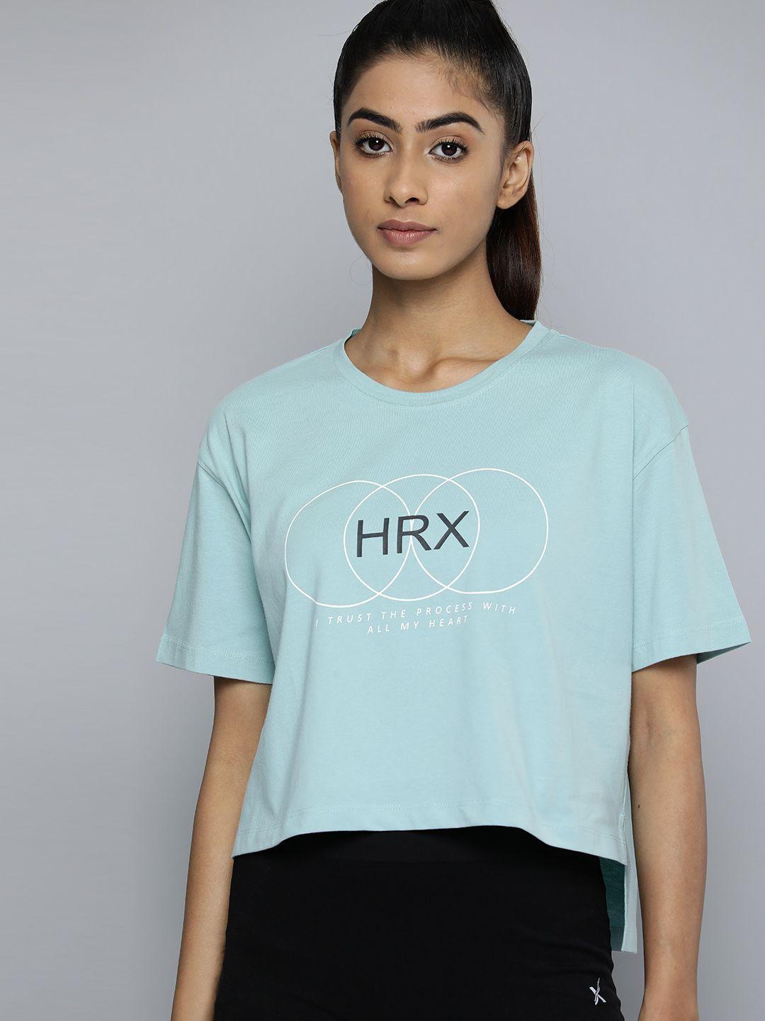 hrx by hrithik roshan anti-fit high-low hem logo drop-shoulder sleeves cotton yoga t-shirt