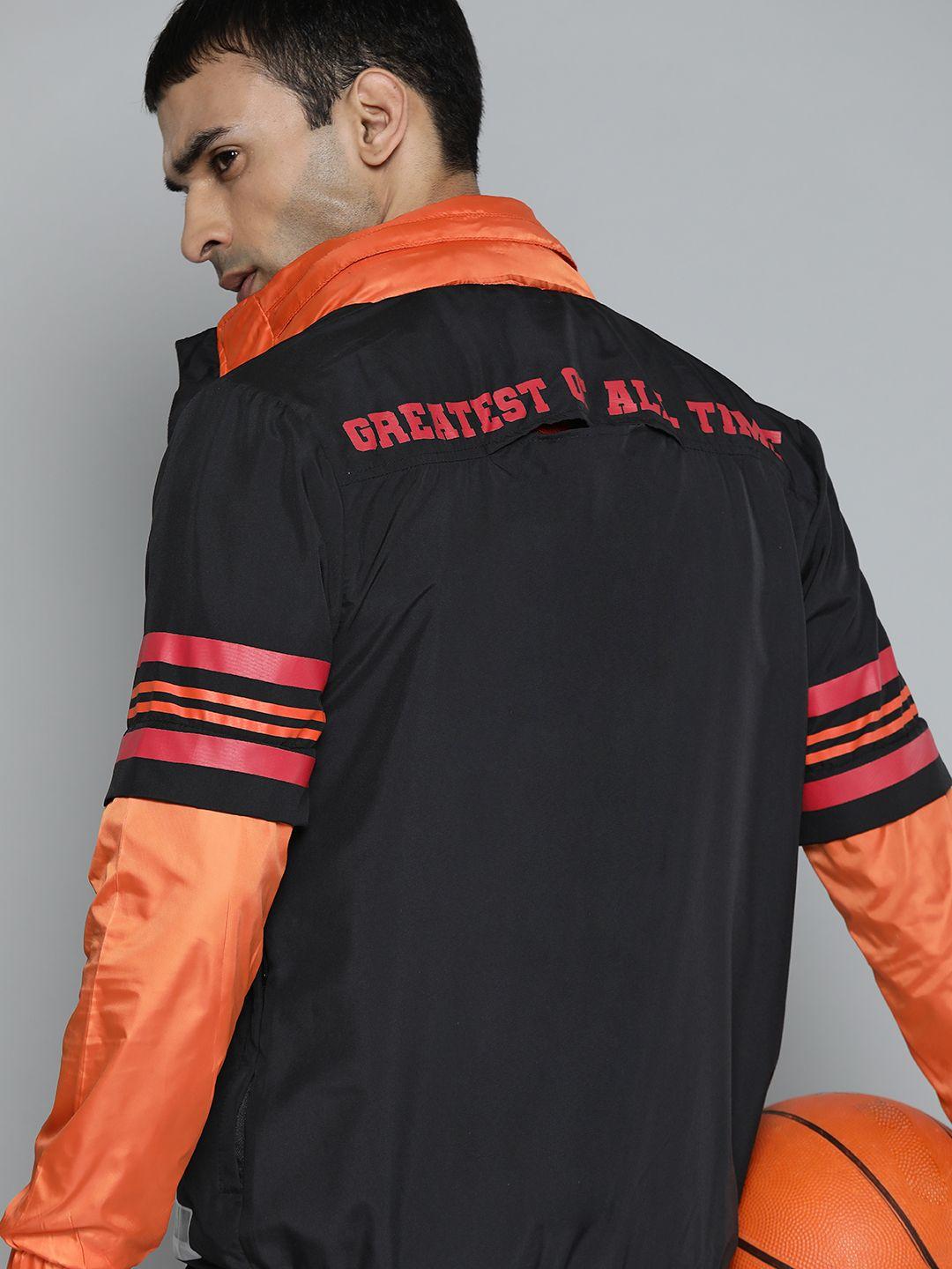 hrx by hrithik roshan basketball men jet black & oxy fire packable colourblock jackets