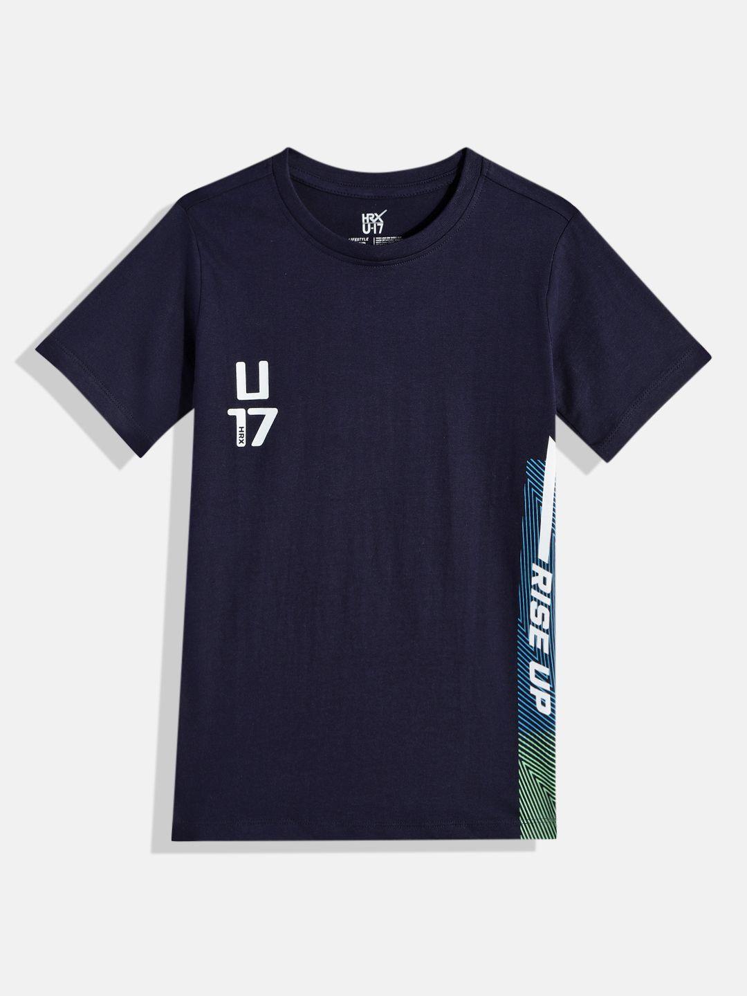 hrx by hrithik roshan boys navy blue typography pure cotton t-shirt