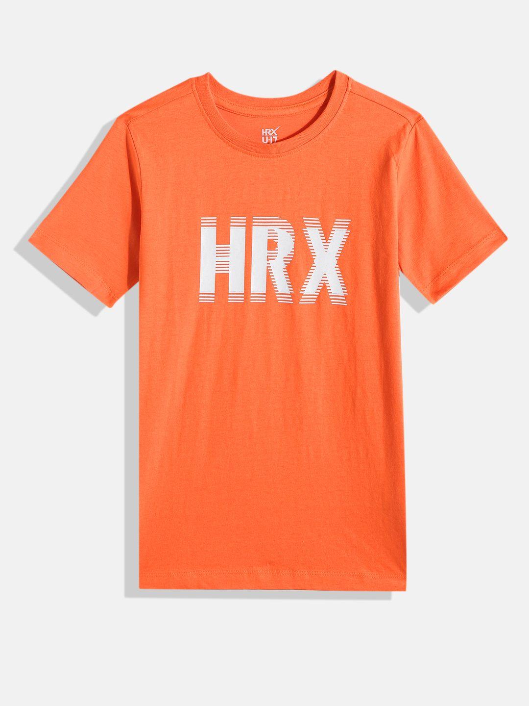 hrx by hrithik roshan boys orange & white brand logo printed pure cotton t-shirt