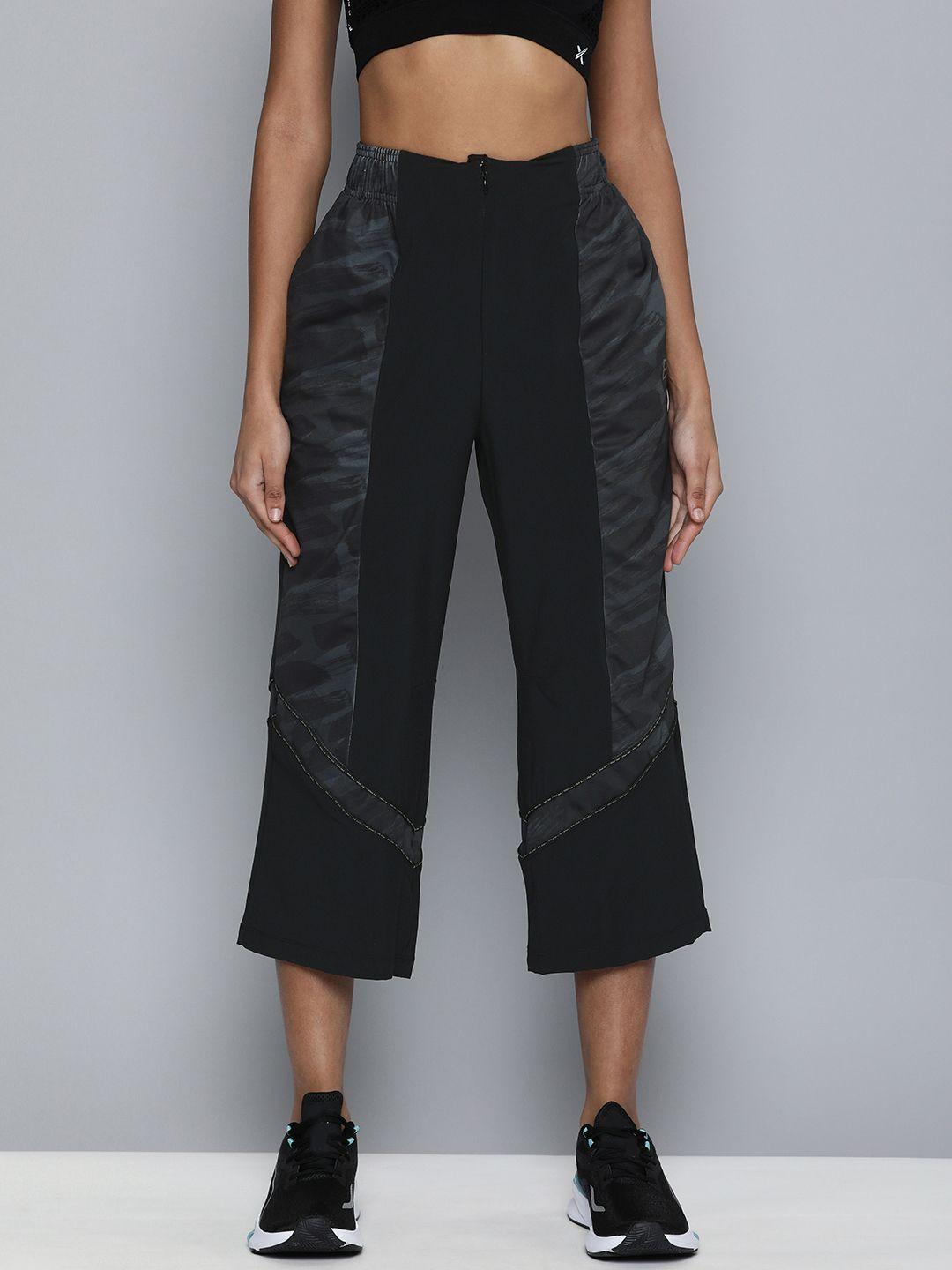 hrx by hrithik roshan edge women jet black rapid-dry printed trousers