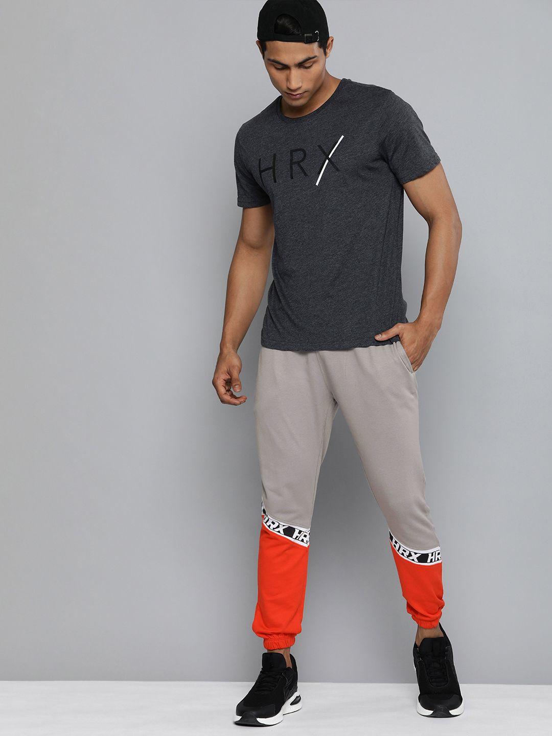 hrx by hrithik roshan lifestyle men grey & orange bio-wash colourblocked joggers