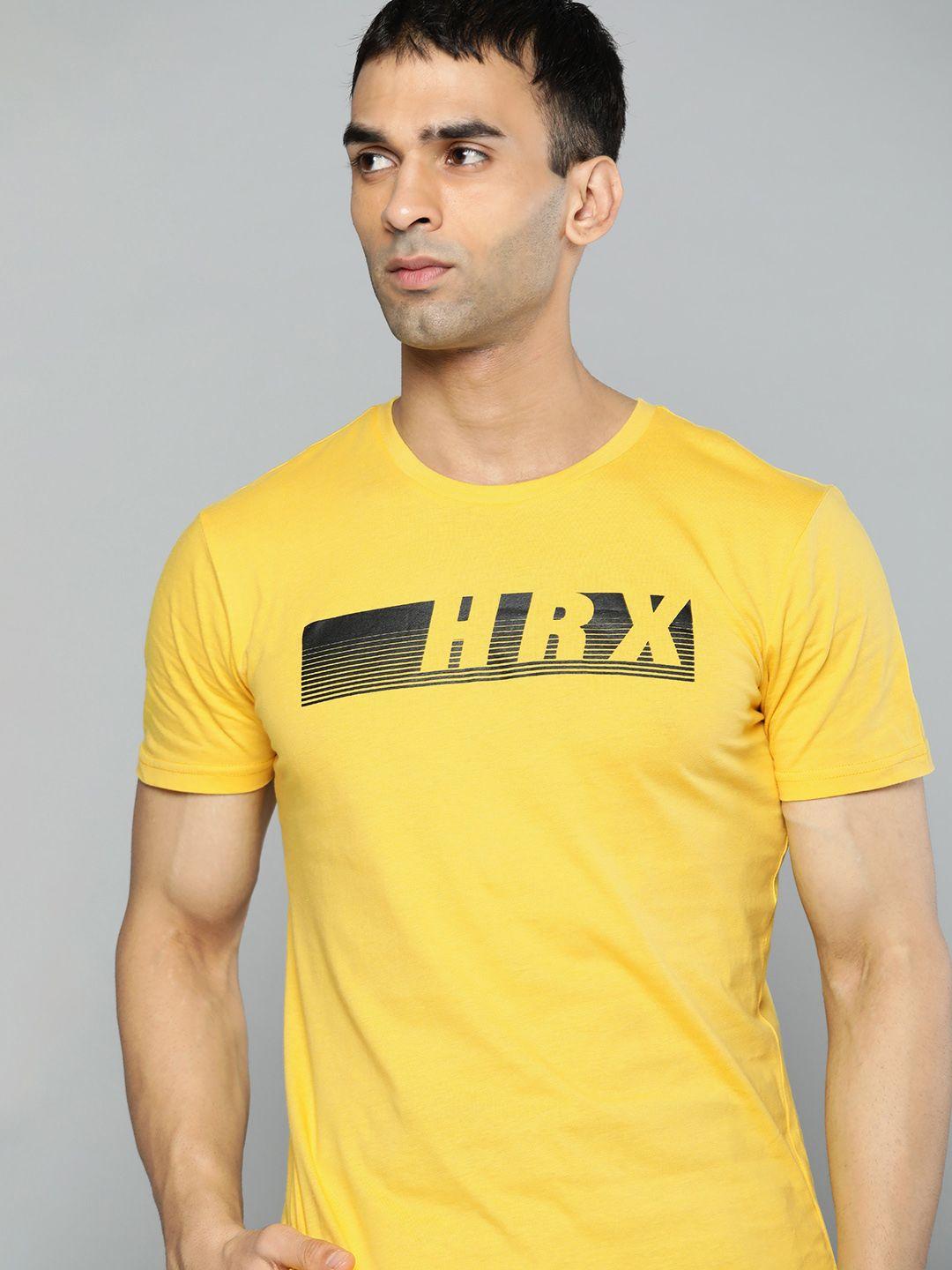 hrx by hrithik roshan lifestyle men mustard yellow bio-wash brand carrier tshirts