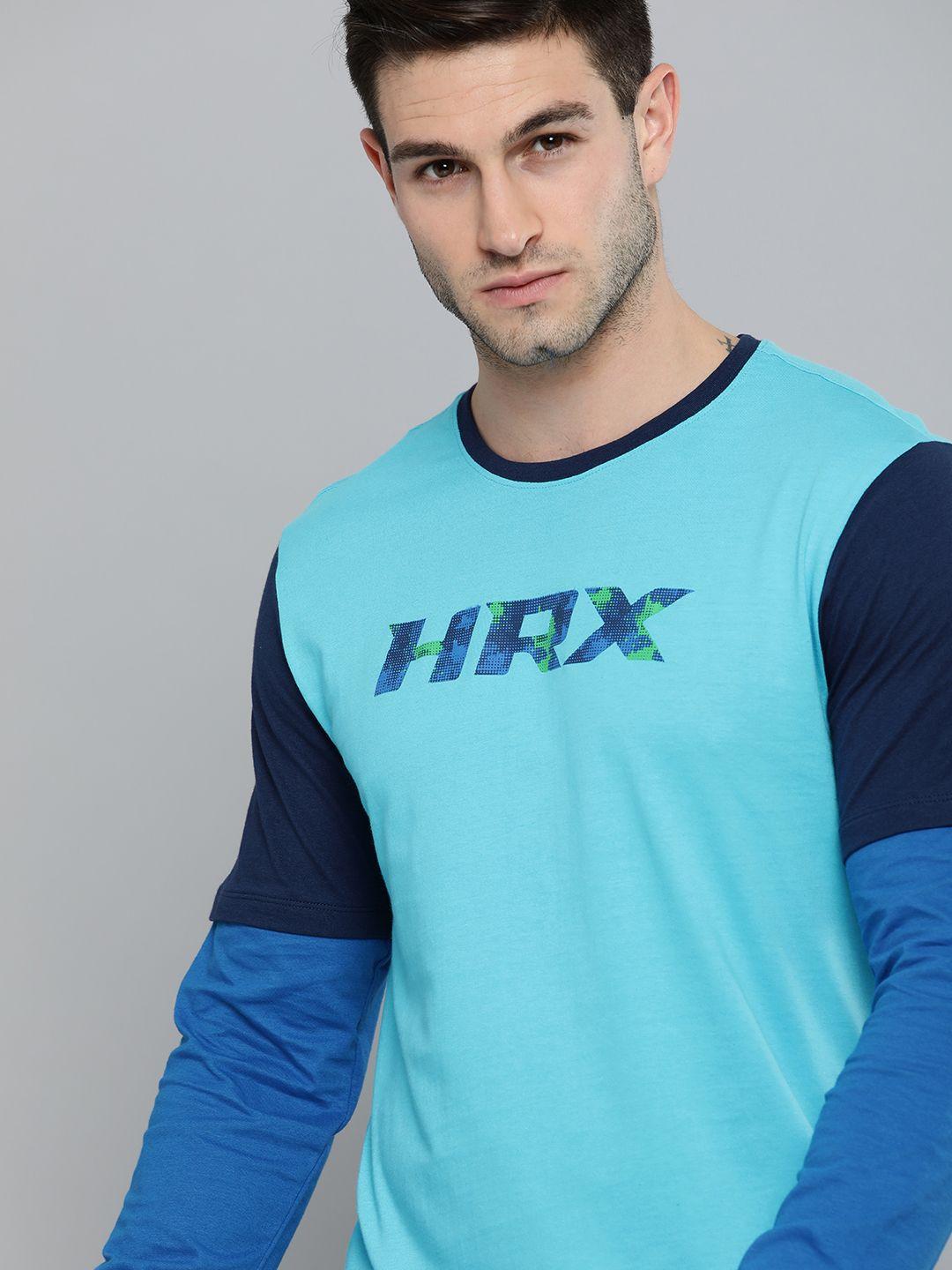 hrx by hrithik roshan lifestyle men turquoise blue bio-wash brand logo printed t-shirt