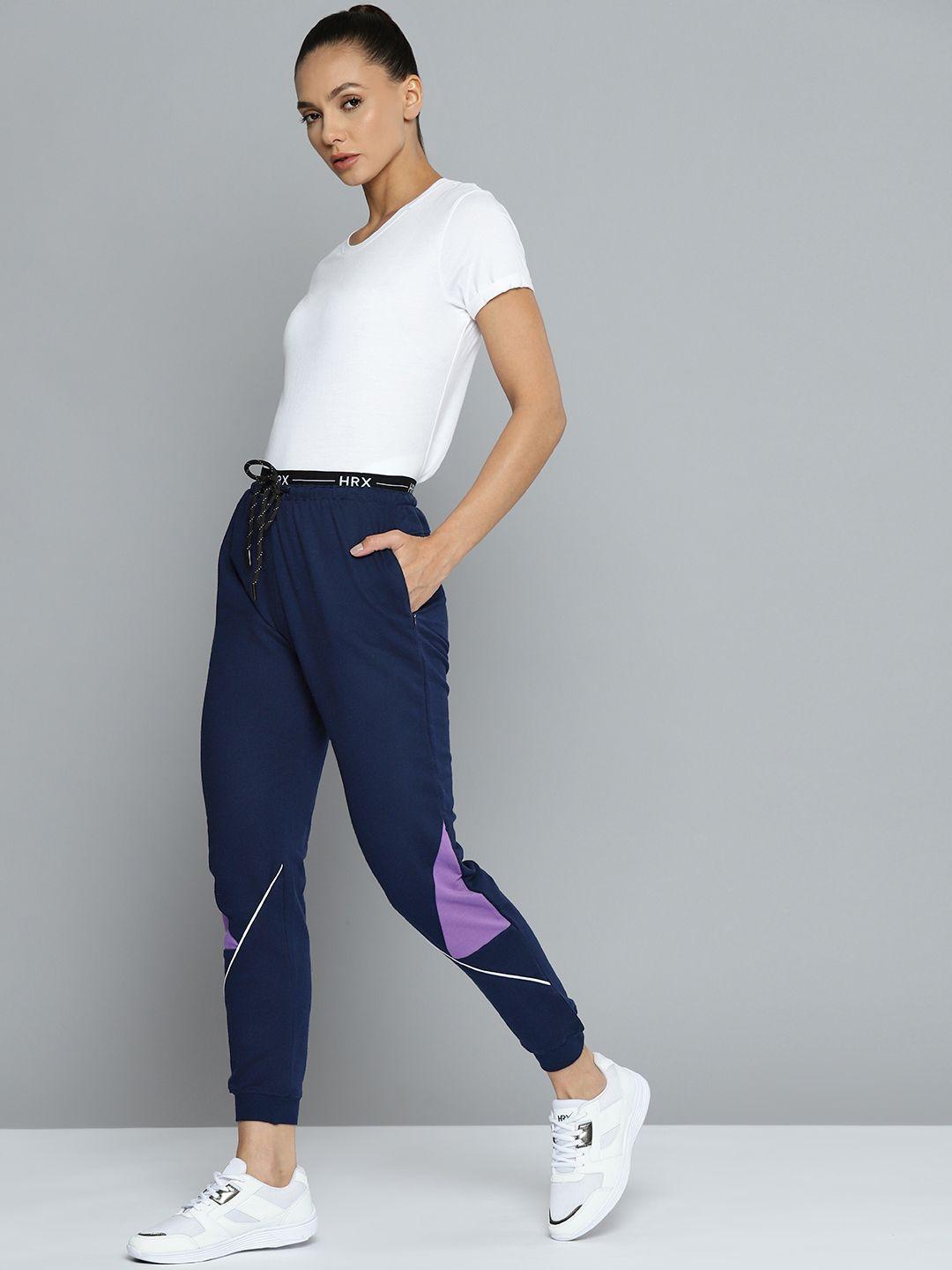 hrx by hrithik roshan lifestyle women medieval blue bio-wash colourblock joggers