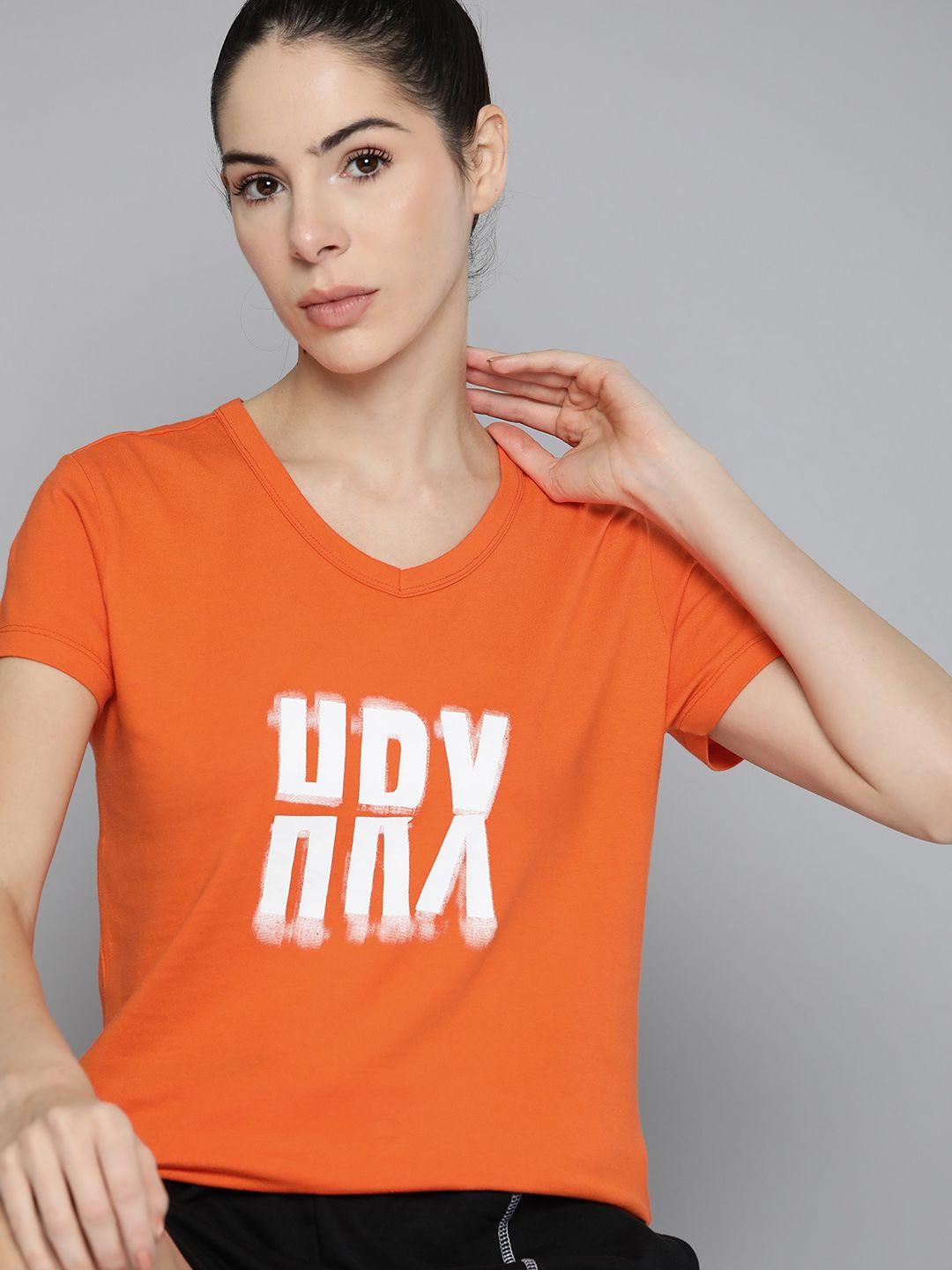 hrx by hrithik roshan lifestyle women orangade bio-wash brand carrier t-shirt