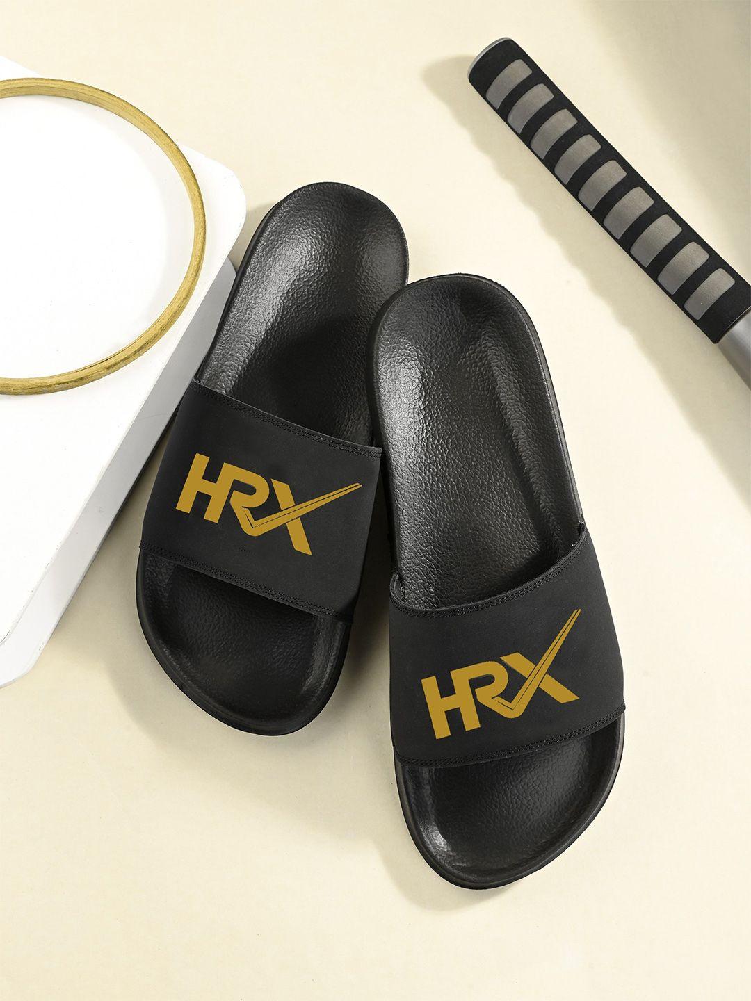 hrx by hrithik roshan men black & gold toned brand logo printed sliders