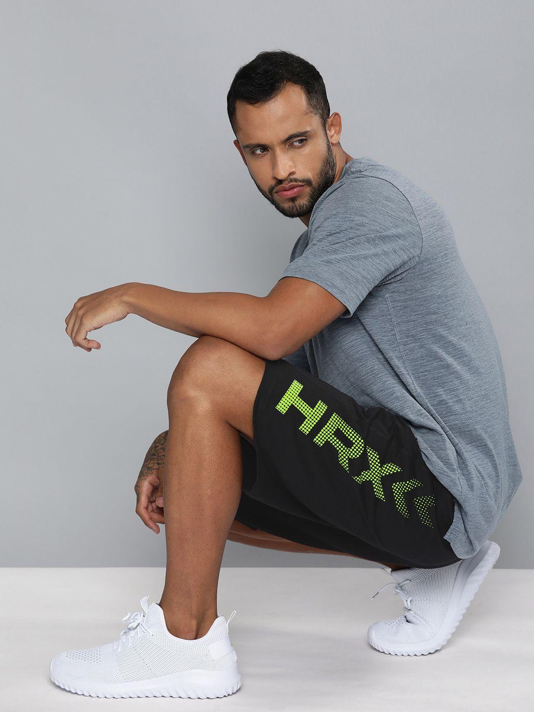 hrx by hrithik roshan men black & green pure cotton typography printed shorts