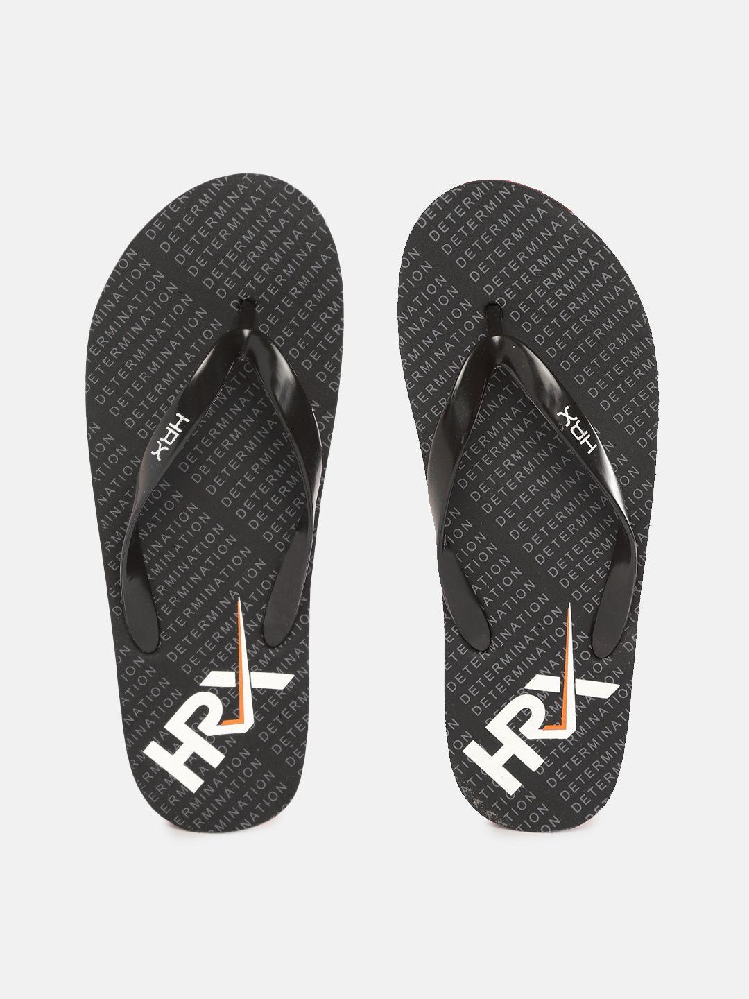 hrx by hrithik roshan men black & grey brand logo printed thong flip-flops