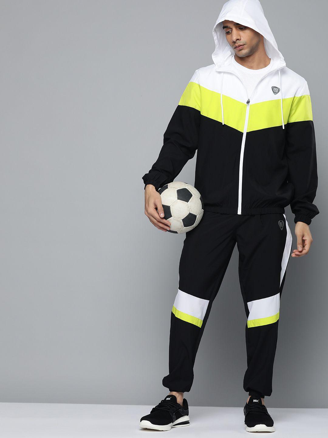 hrx by hrithik roshan men black & lime green striped regular fit football tracksuit