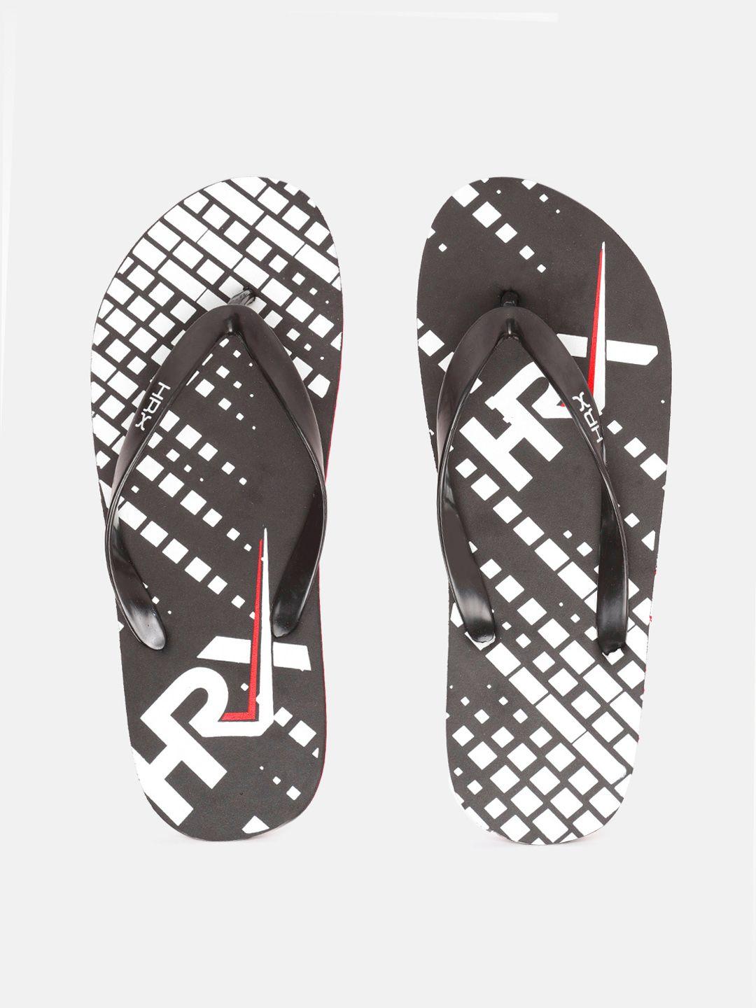 hrx by hrithik roshan men black & white printed thong flip-flops