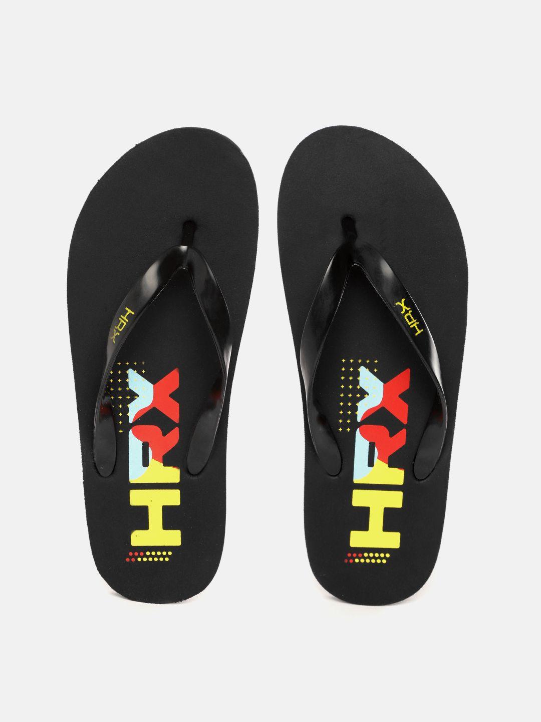 hrx by hrithik roshan men black & yellow brand logo printed thong flip-flops