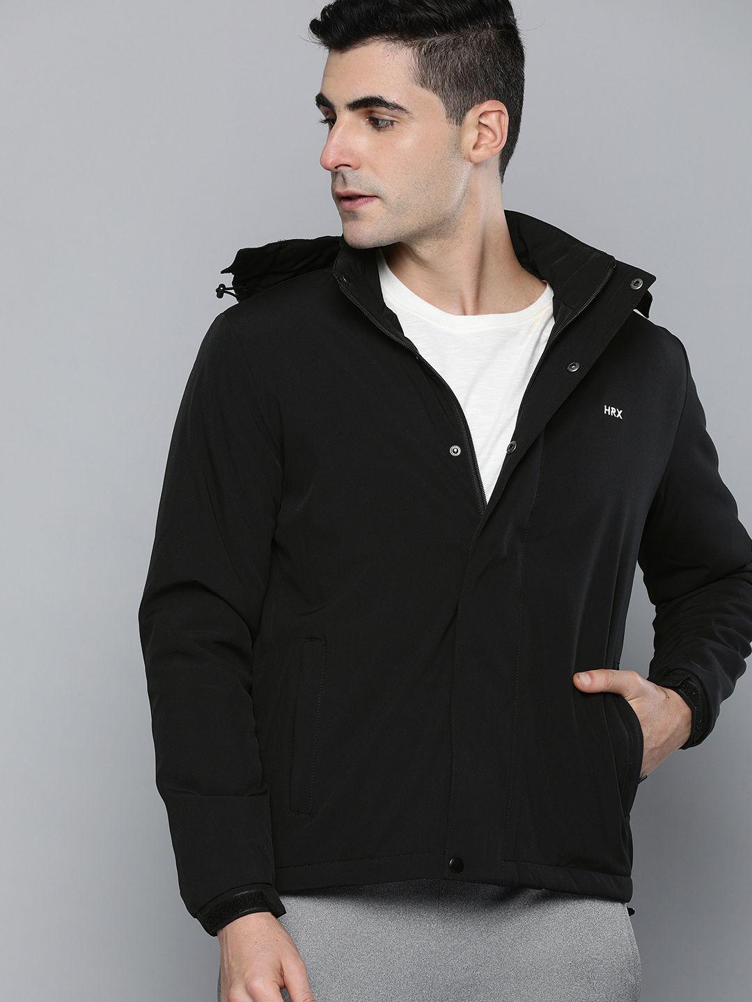 hrx by hrithik roshan men black active solid detachable hooded padded jacket