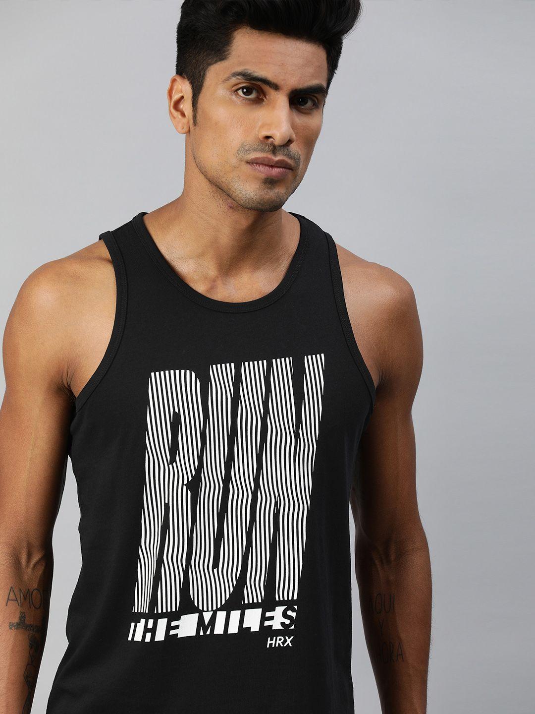 hrx by hrithik roshan men black printed bio-wash running tank pure cotton t-shirt