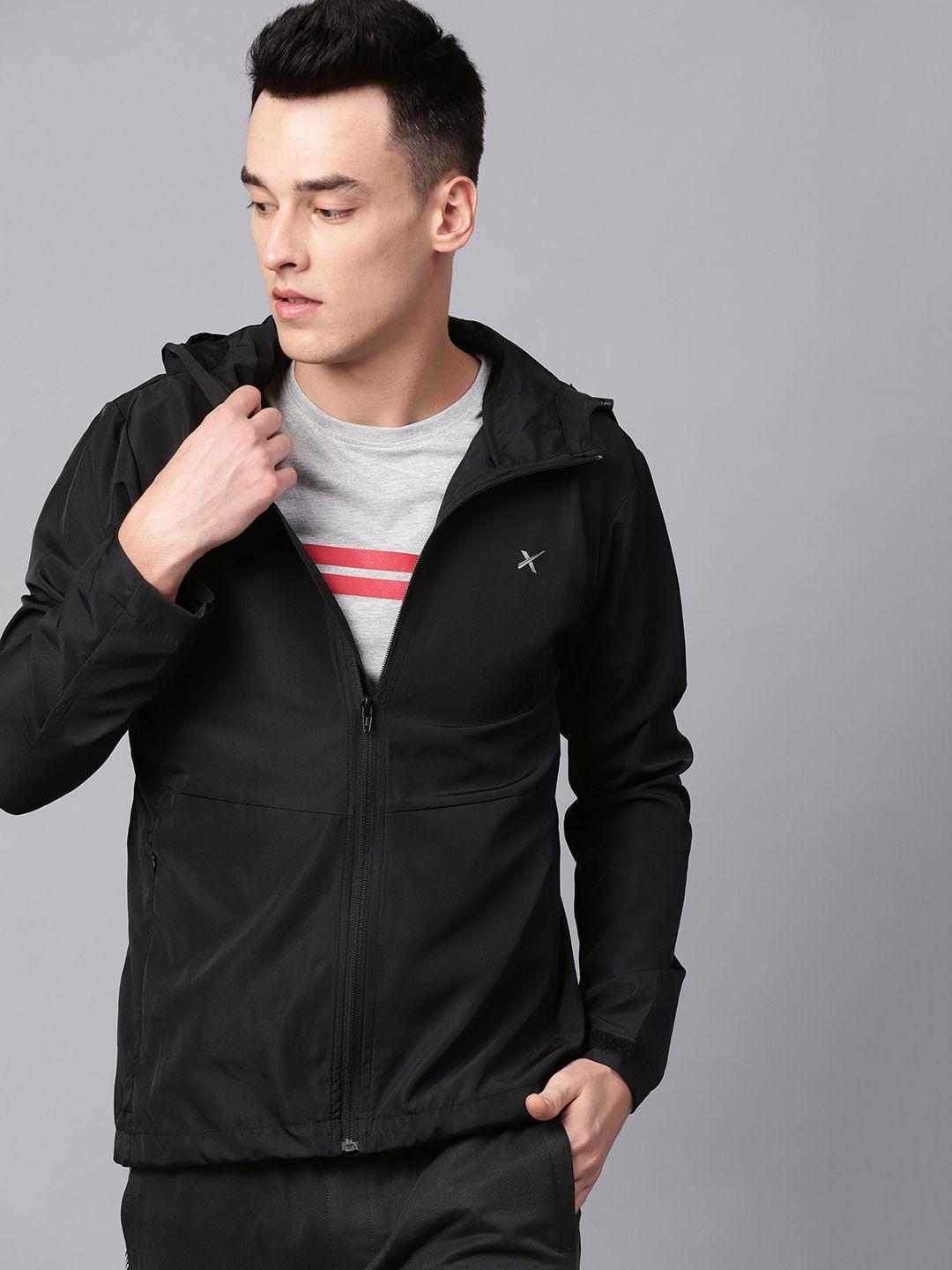 hrx by hrithik roshan men black solid hooded lightweight sporty jacket