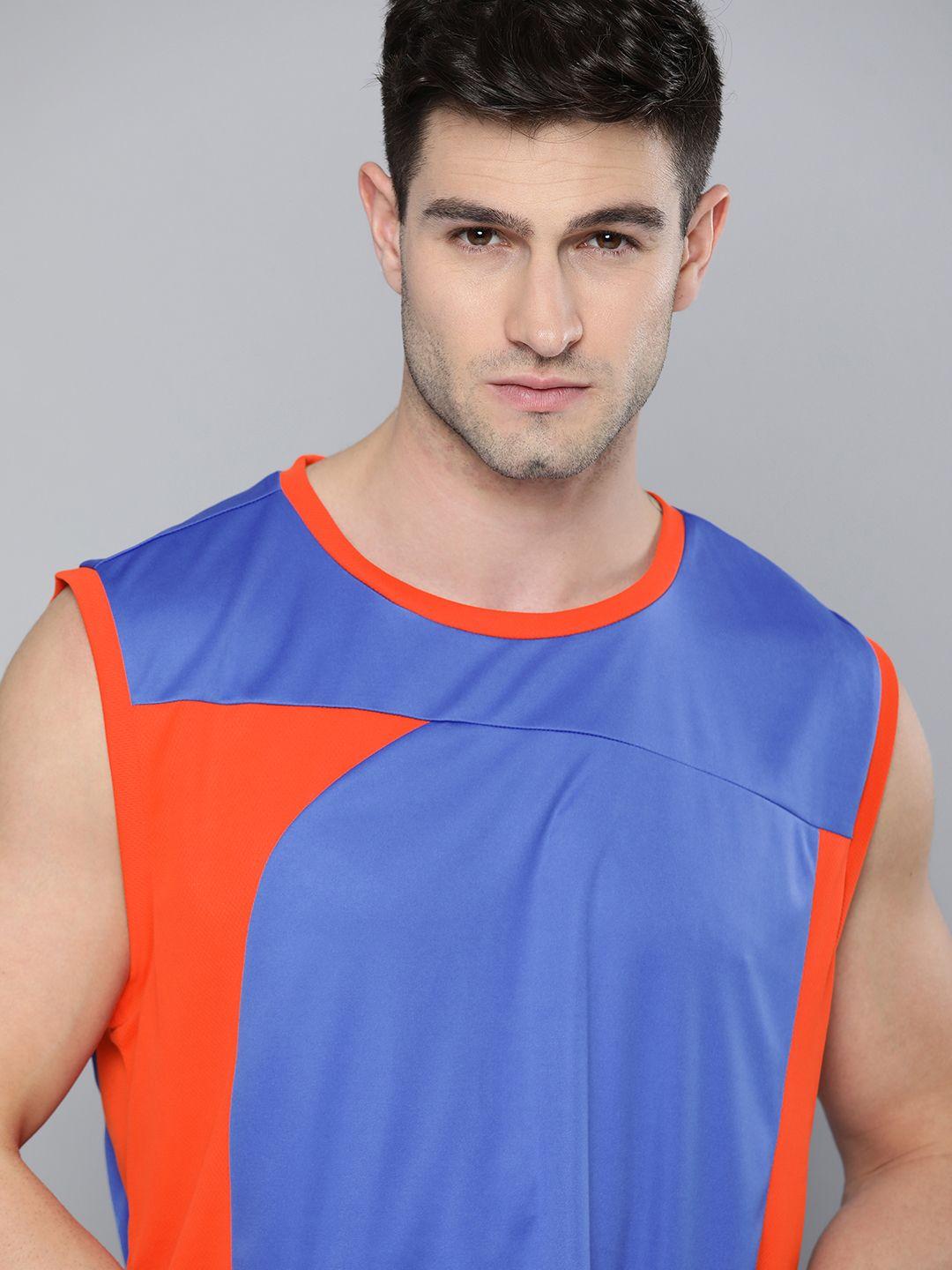 hrx by hrithik roshan men blue & orange colourblocked rapid-dry basketball t-shirt