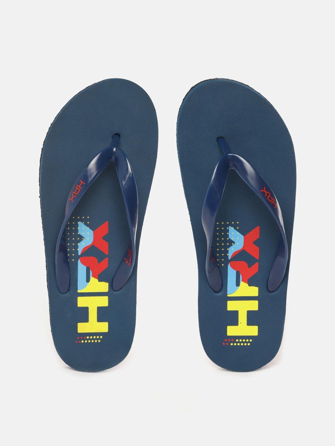 hrx by hrithik roshan men blue & yellow brand logo printed thong flip-flops