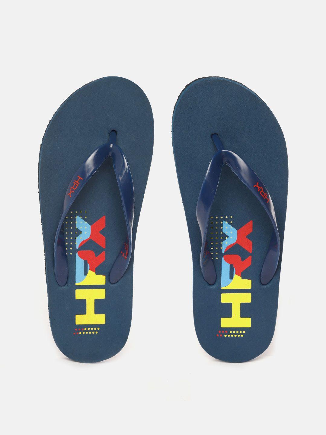 hrx by hrithik roshan men blue & yellow brand logo printed thong flip-flops