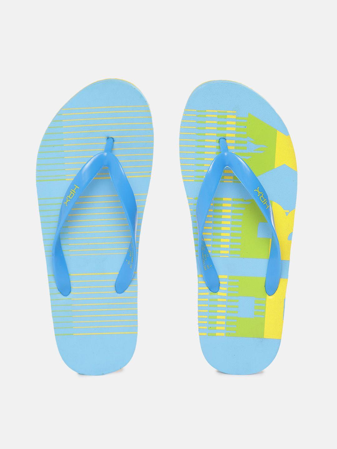 hrx by hrithik roshan men blue & yellow brand logo printed thong flip-flops