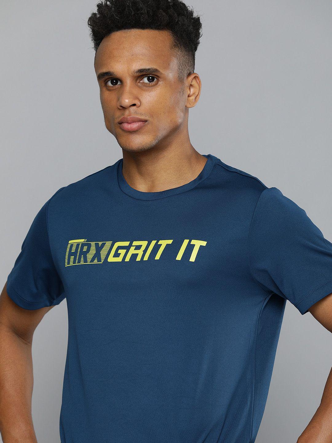 hrx by hrithik roshan men blue & yellow typography printed antimicrobial training or gym t-shirt