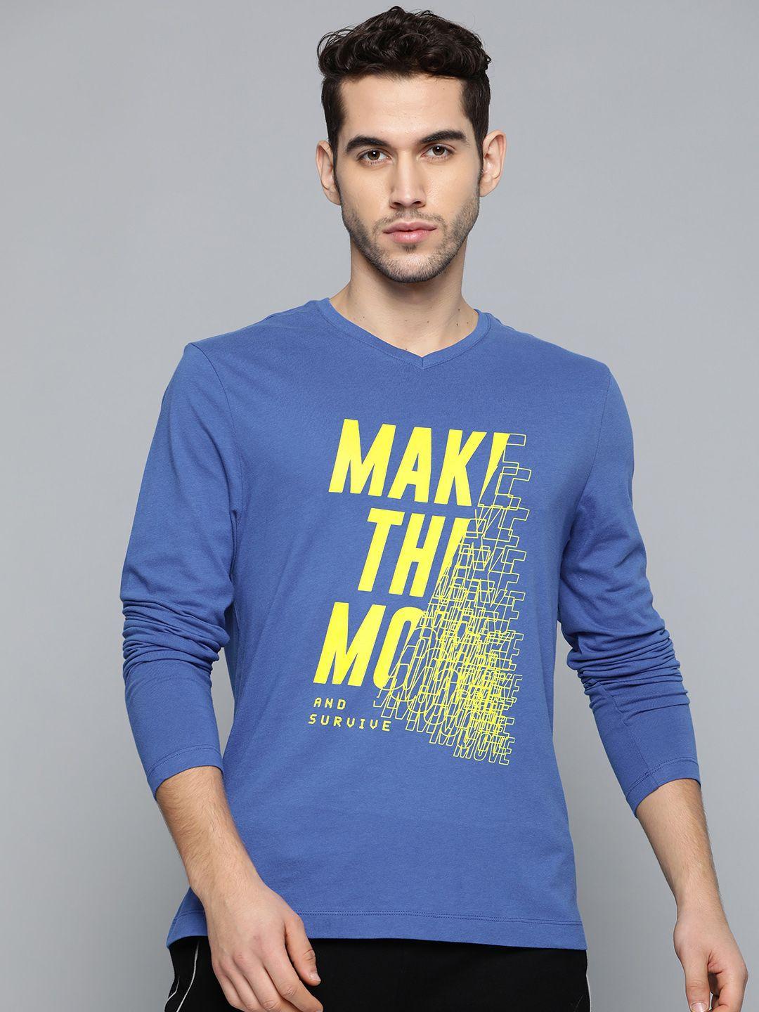 hrx by hrithik roshan men blue  yellow printed rapid-dry antimicrobial lifestyle pure cotton t-shirt