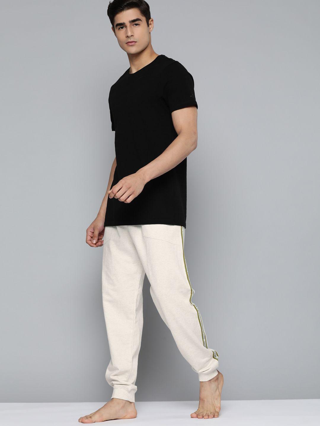 hrx by hrithik roshan men cream-coloured pure cotton solid joggers