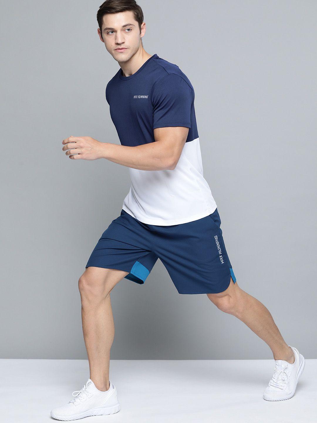 hrx by hrithik roshan men estate blue & blue beast colourblock regular fit rapid-dry antimicrobial running shorts