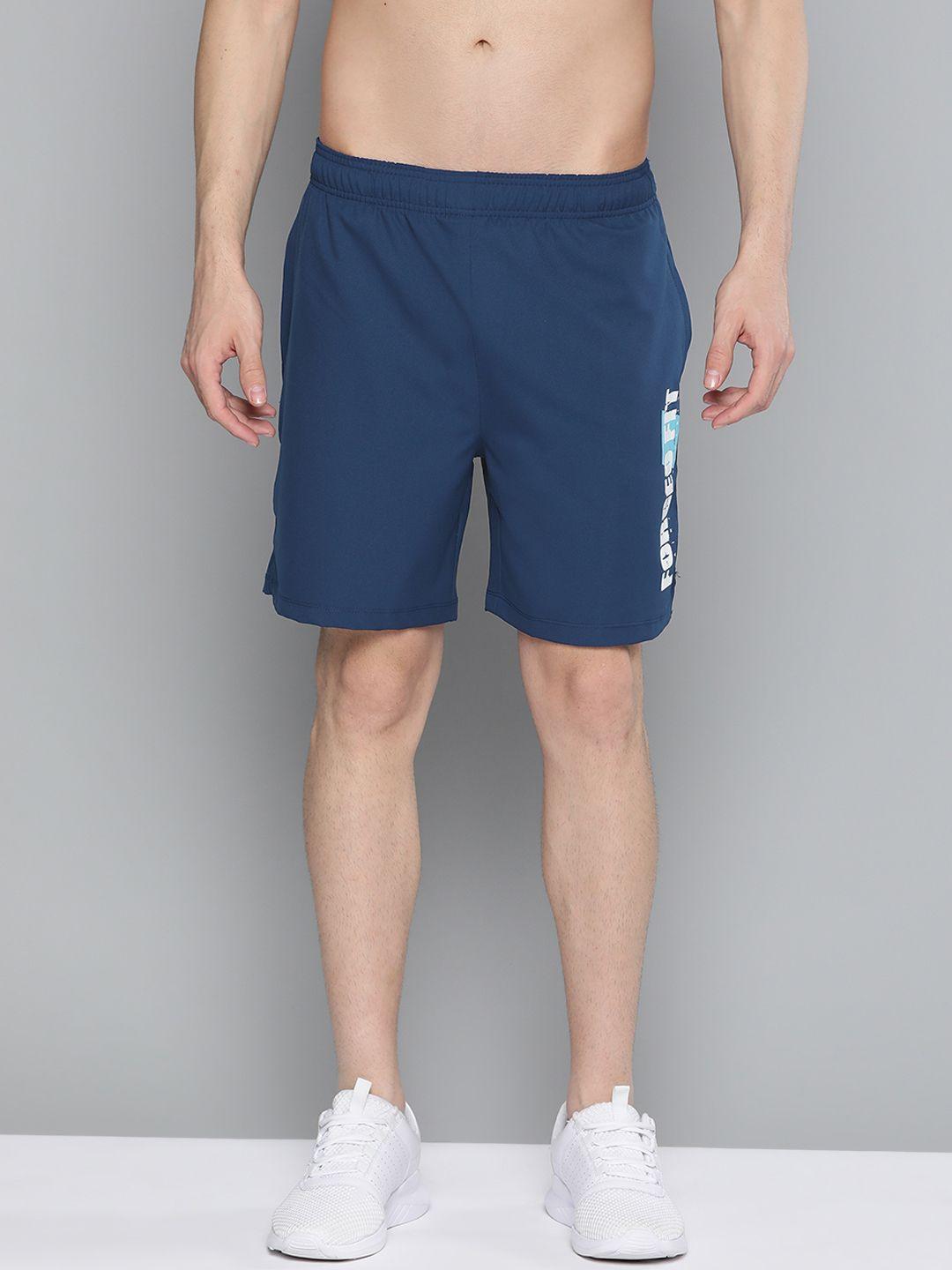 hrx by hrithik roshan men estate blue solid regular fit mid-rise rapid-dry antimicrobial training shorts