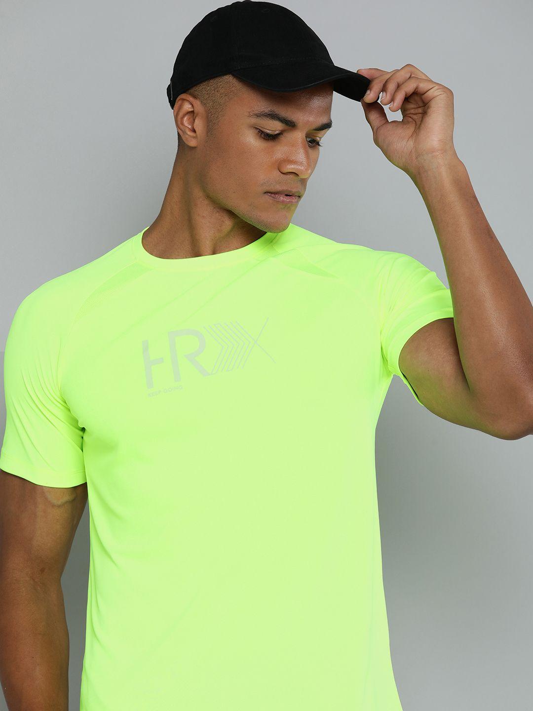 hrx by hrithik roshan men fluorescent green brand logo printed rapid dry t-shirt