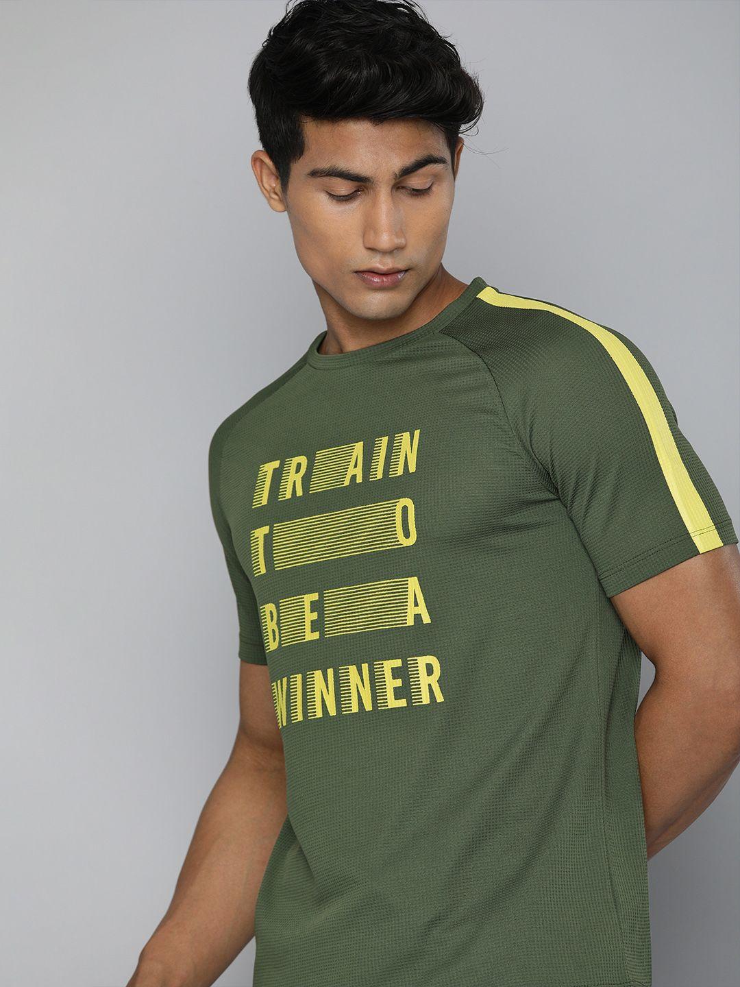 hrx by hrithik roshan men green & yellow rapid-dry brand carrier training tshirts