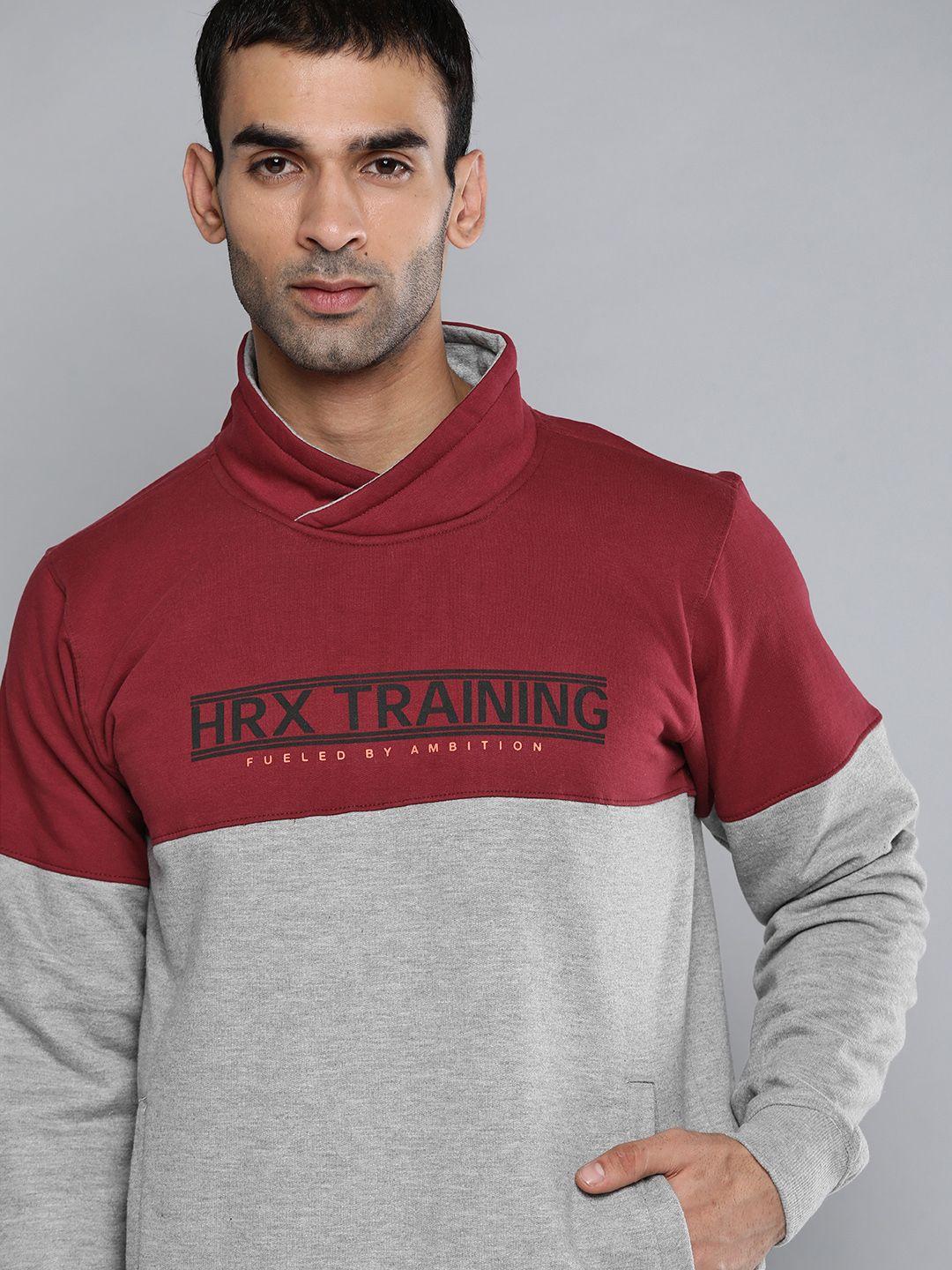 hrx by hrithik roshan men grey & maroon colourblocked training sweatshirt