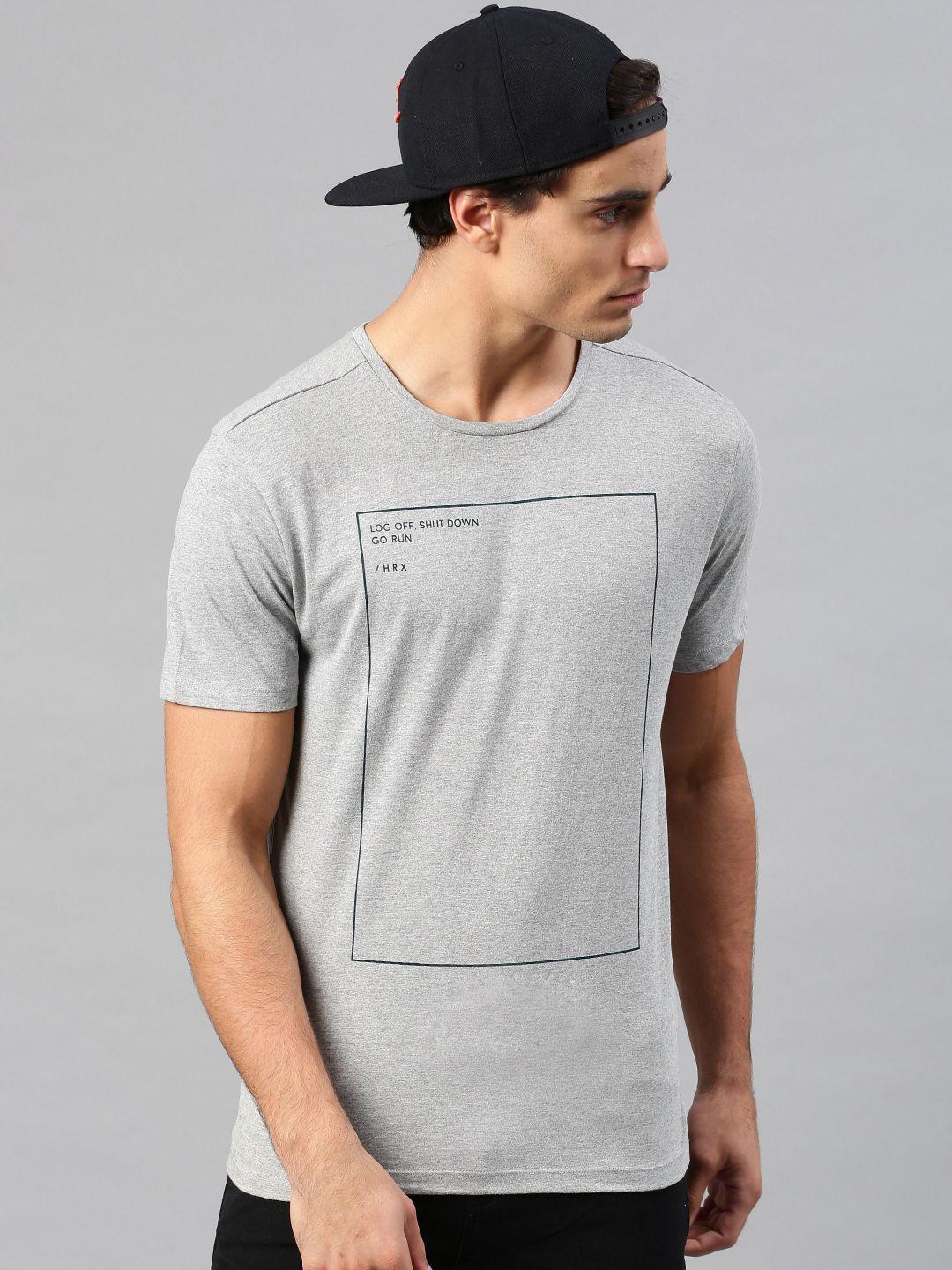 hrx by hrithik roshan men grey melange printed pure cotton t-shirt