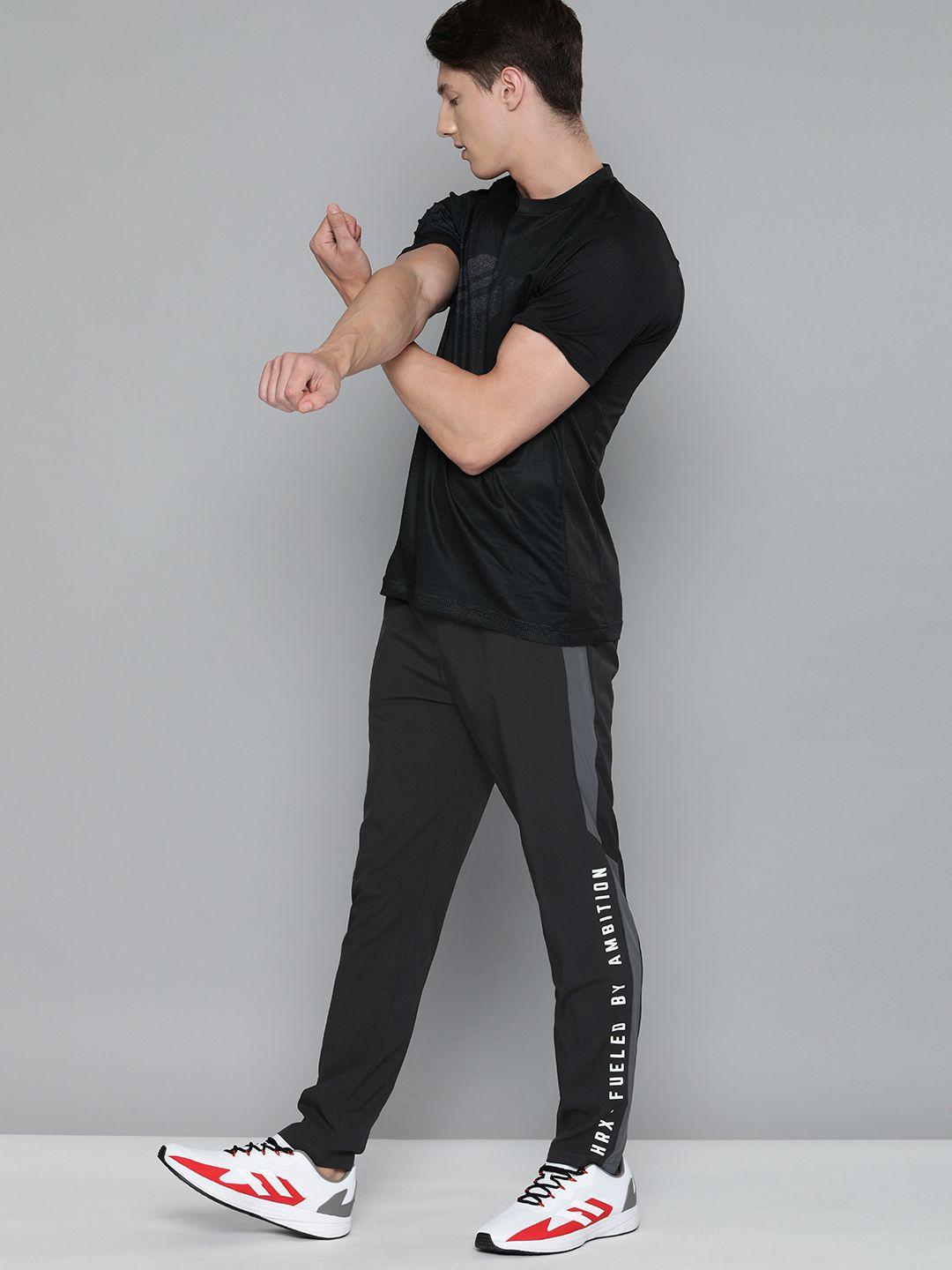 hrx by hrithik roshan men jet black & anthracite colourblock slim fit rapid-dry antimicrobial training track pants