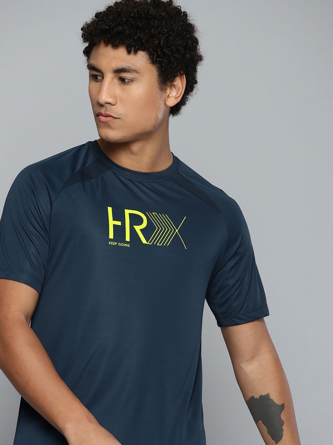 hrx by hrithik roshan men navy blue & yellow brand logo printed t-shirt