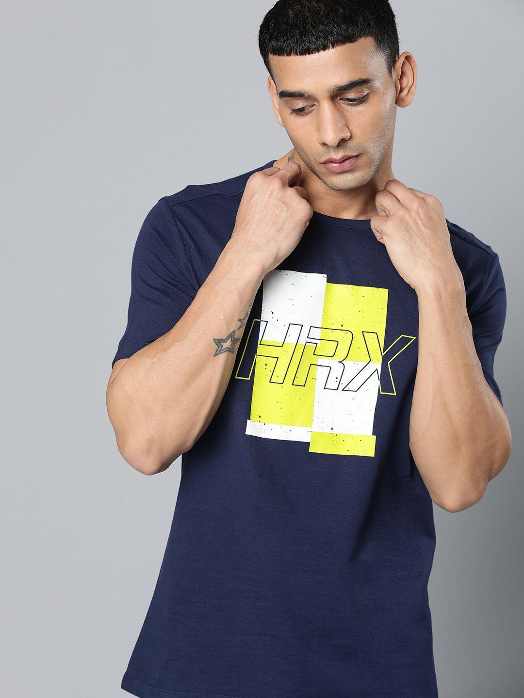 hrx by hrithik roshan men navy blue brand logo printed pure cotton t-shirt