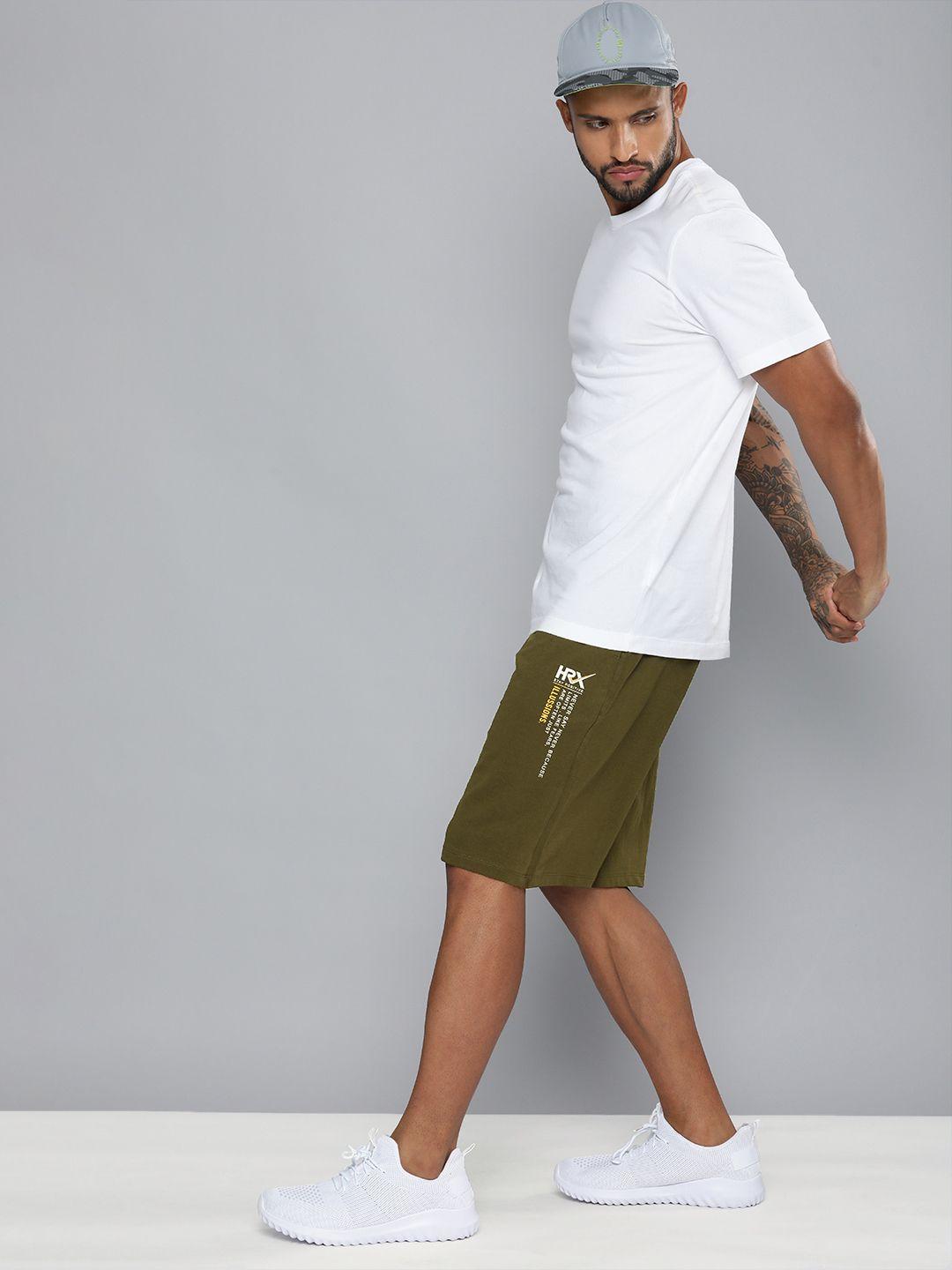 hrx by hrithik roshan men olive green & white pure cotton typography printed shorts